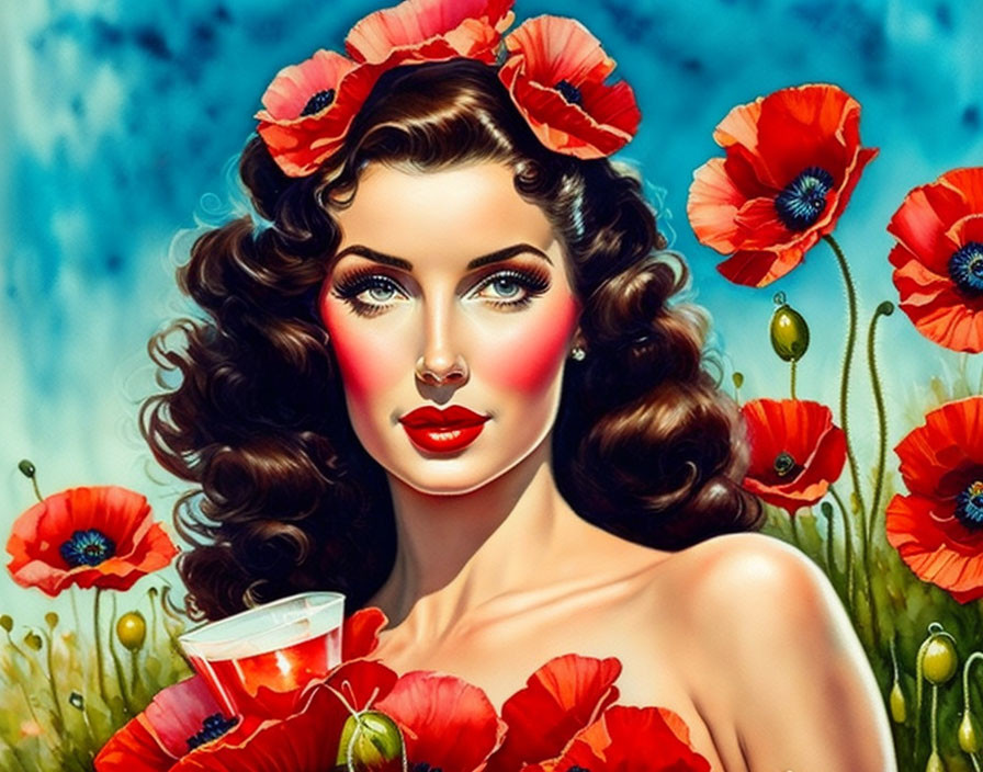Portrait of Woman with Brown Hair and Red Poppies Holding Tea Cup on Blue Background