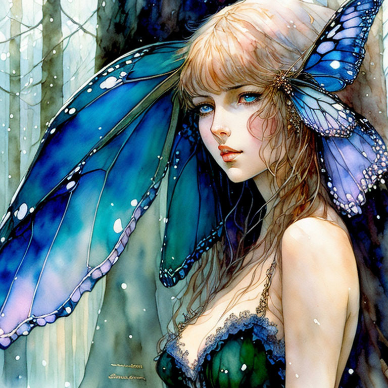 Fantasy portrait of a woman with blue butterfly wings in misty forest