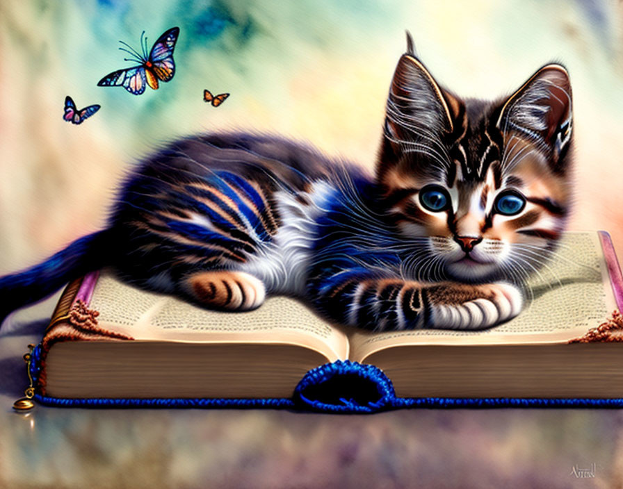 Striped kitten with blue eyes on book with butterflies - Digital Art