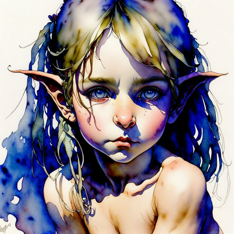 Fantasy creature illustration: young elf with pointy ears, blue streaked hair, intense eyes