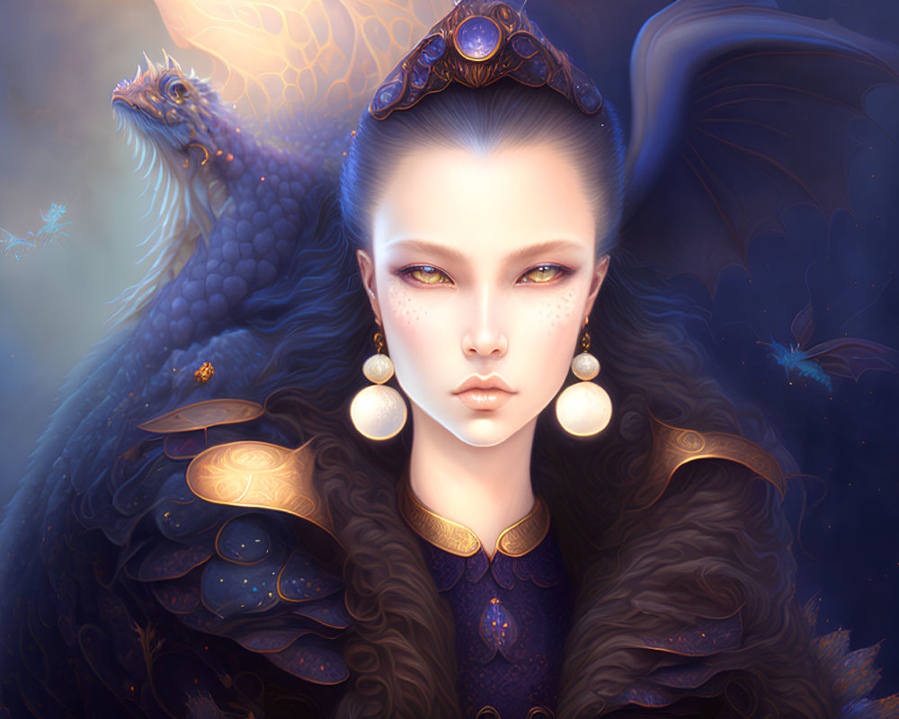 Fantasy portrait of a woman with dragon-like features and majestic dragon in dark blue.