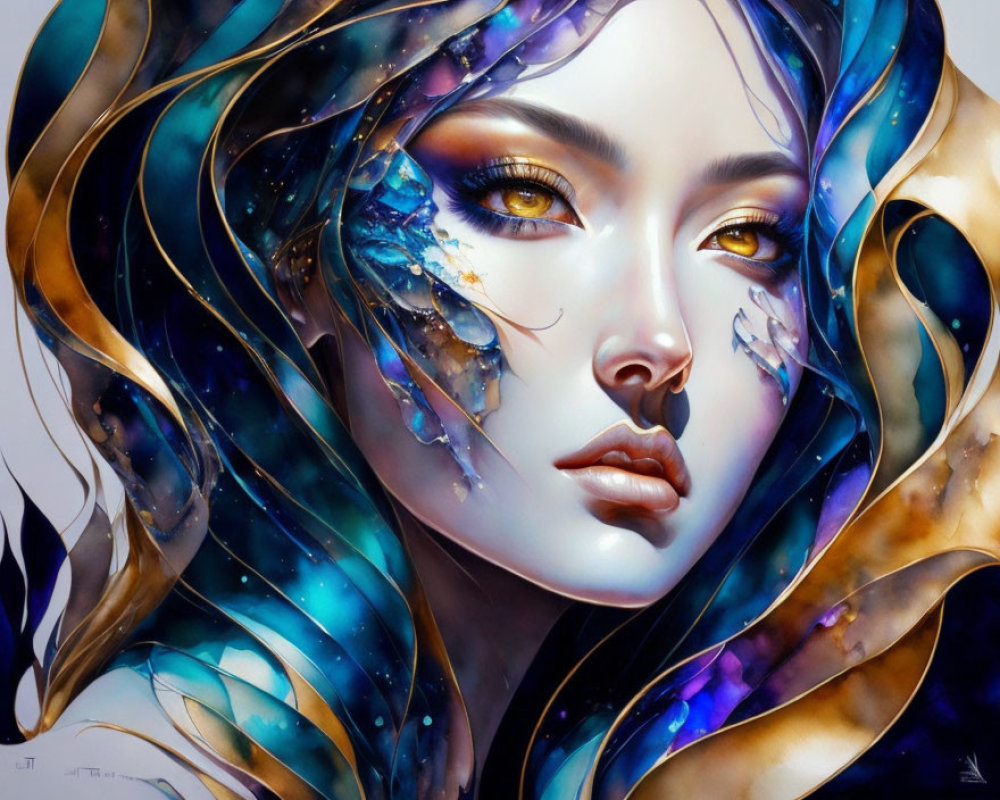 Digital artwork: Woman with striking eyes and celestial wings in blue and bronze