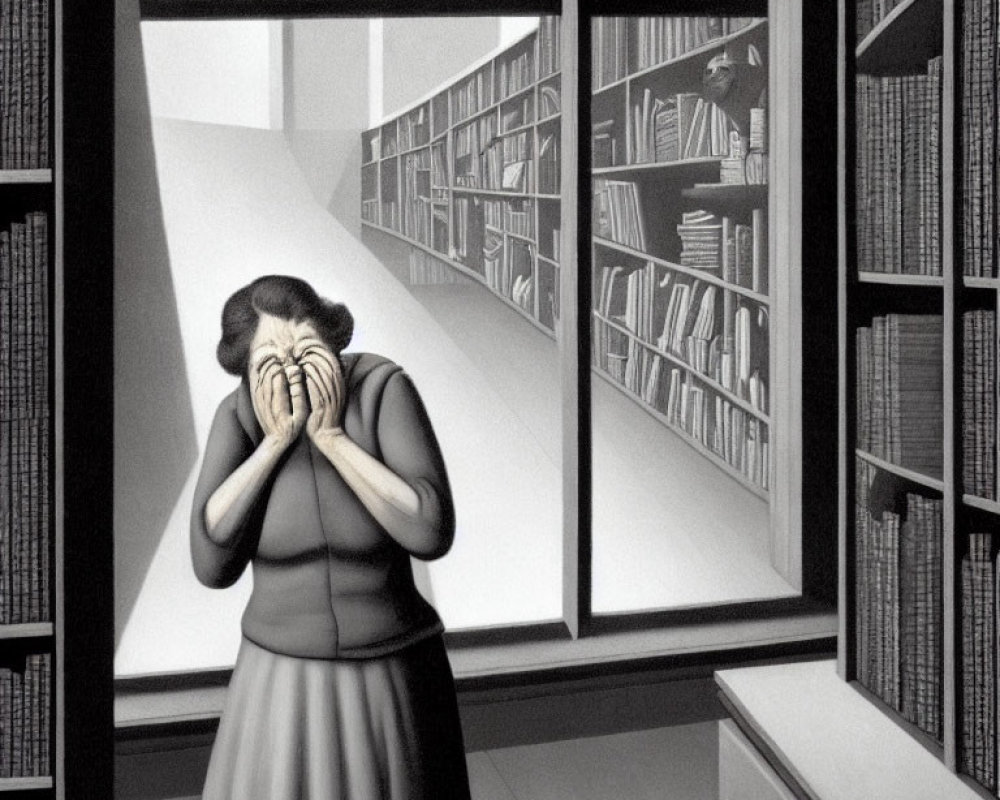 Illustration of woman in skirt and blouse covering face in room with bookshelves & window