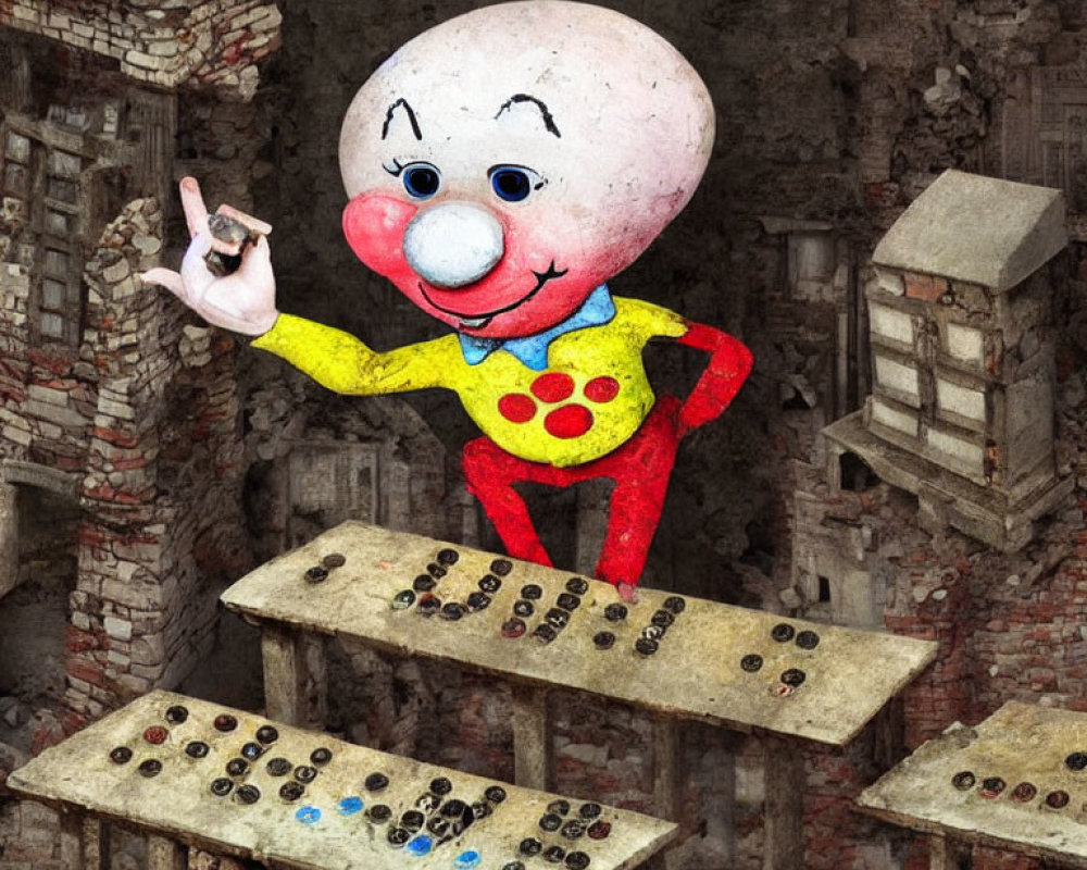Clown-like animated character on dilapidated staircase in ruins