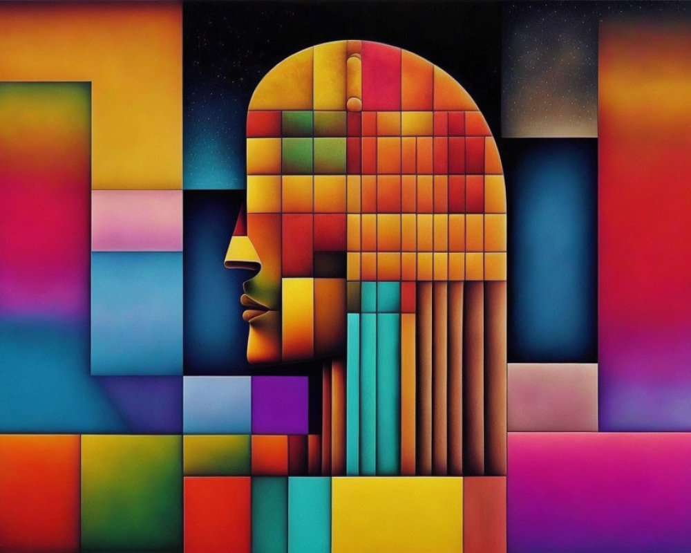 Colorful Geometric Painting: Abstract Human Face Profile in Cosmic Mosaic