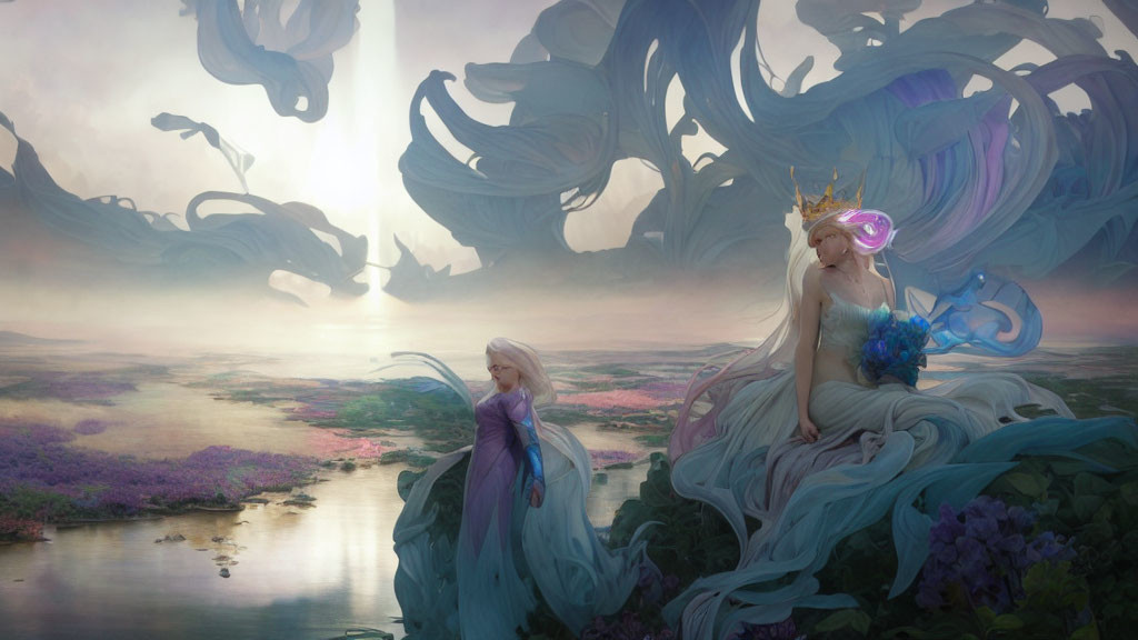 Ethereal women in fantasy landscape with vibrant flora and twisted trees