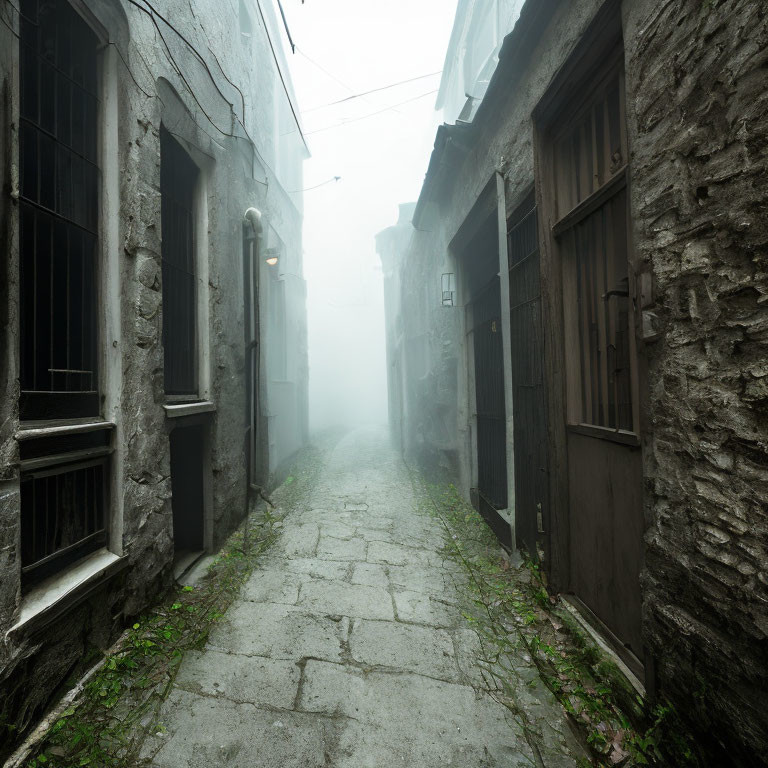 Old Stone Buildings and Foggy Alleyway Scene