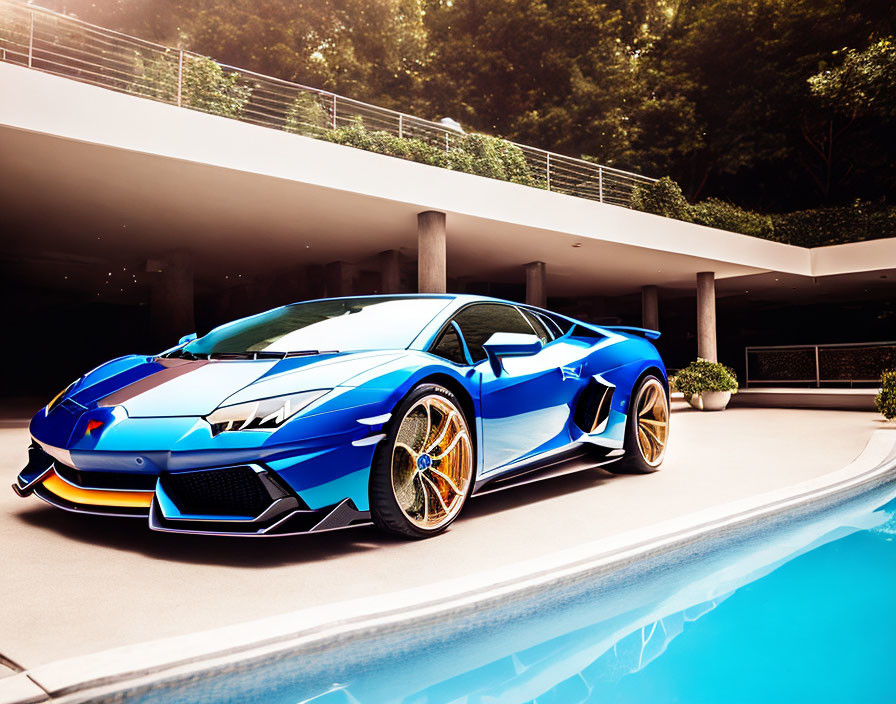 Luxury blue sports car parked by a pool with trees, showcasing modern design