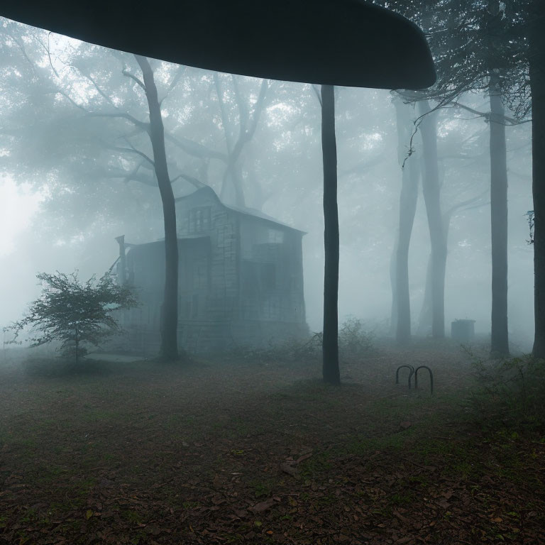 Spooky wooden house in foggy forest with street lamp & bare tree branches