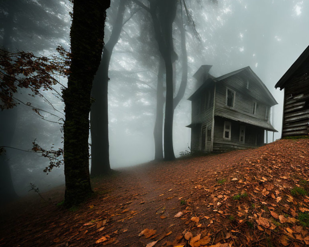 Eerie fog surrounds dilapidated two-story house in dark forest