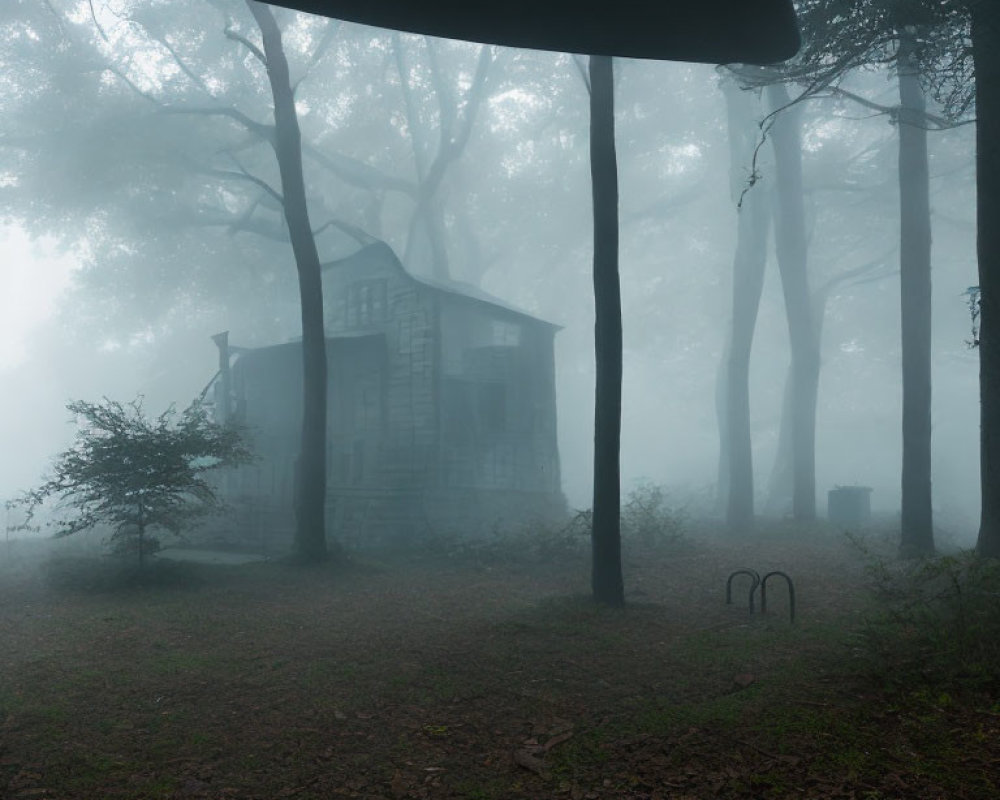Spooky wooden house in foggy forest with street lamp & bare tree branches