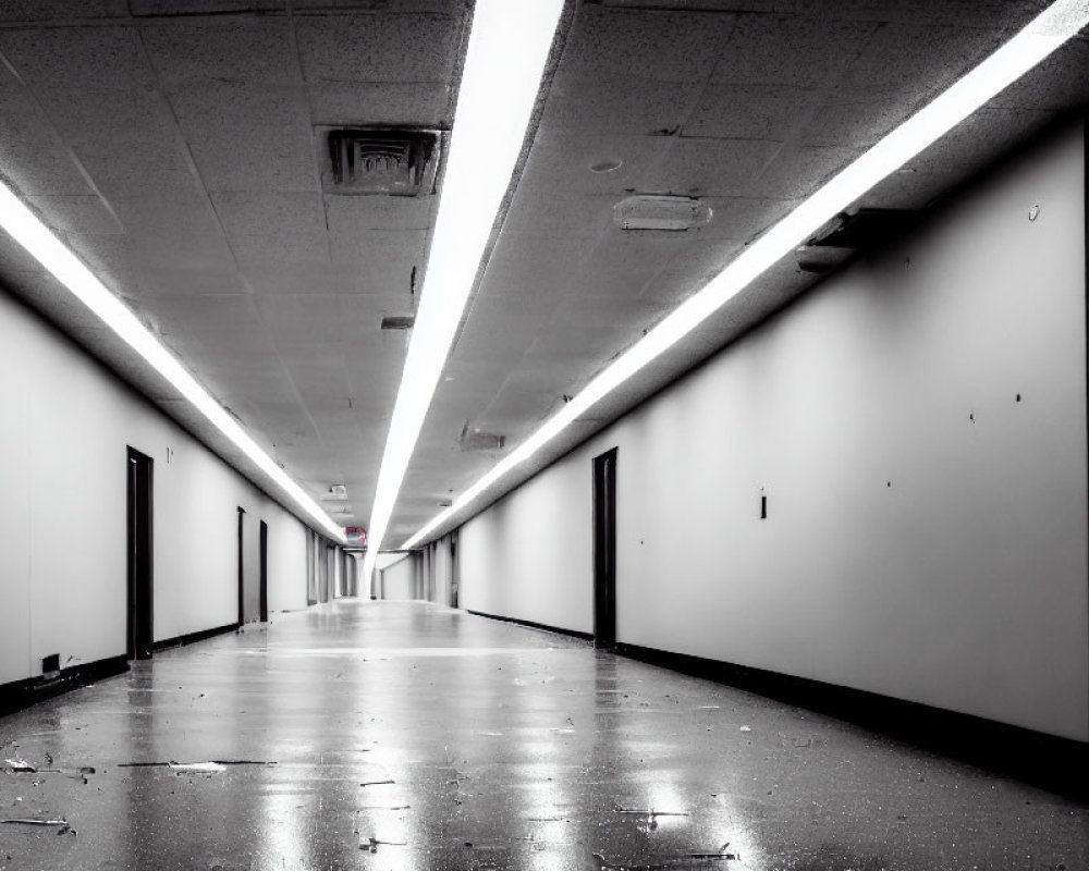 Deserted dimly lit corridor with closed doors and debris.