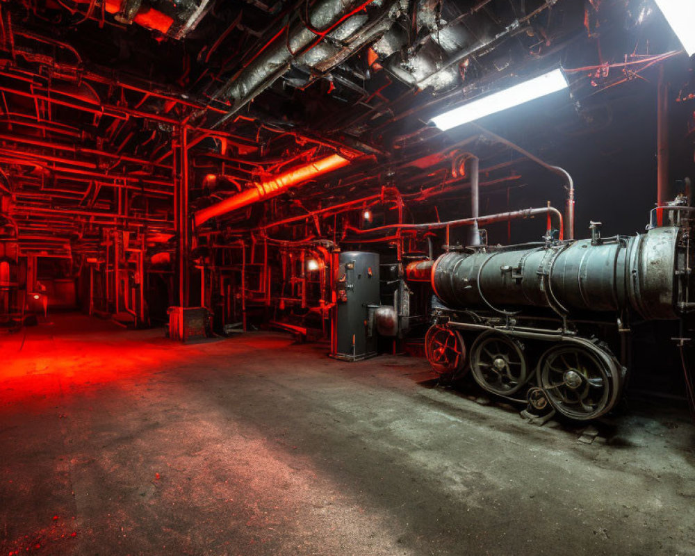 Industrial boiler room with red lighting, pipelines, tank, and machinery