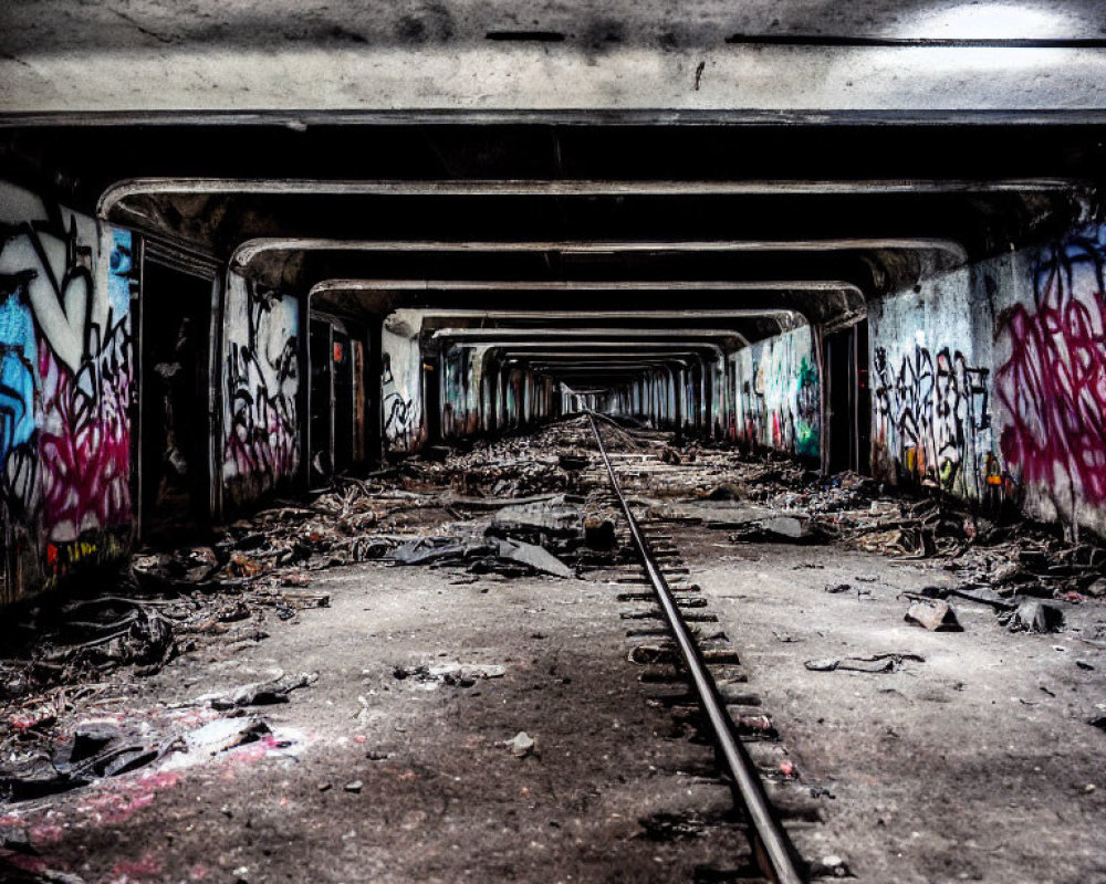 Graffiti-covered walls in abandoned underground tunnel