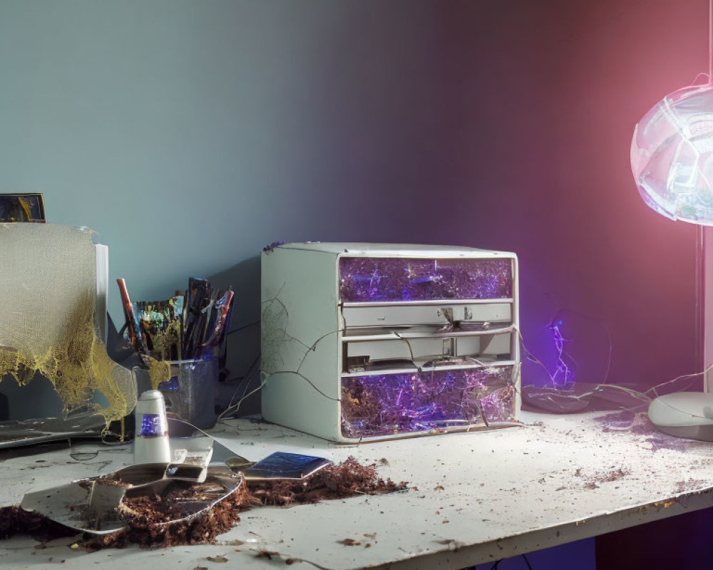 Cluttered desk with cobweb-covered cabinet, scattered items, art supplies, smartphone, and glowing