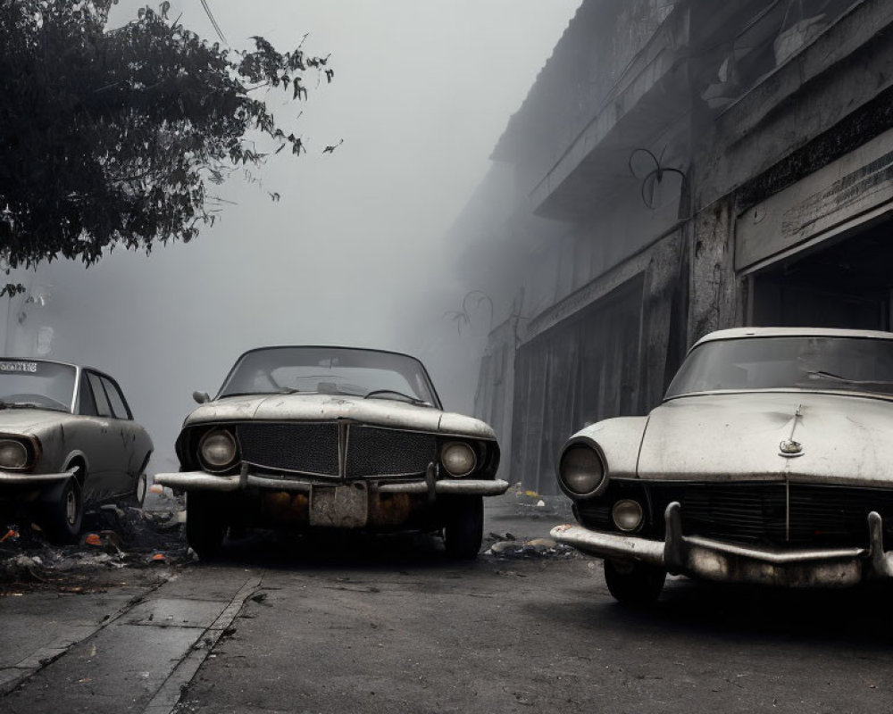 Vintage Cars Parked in Foggy, Abandoned Setting