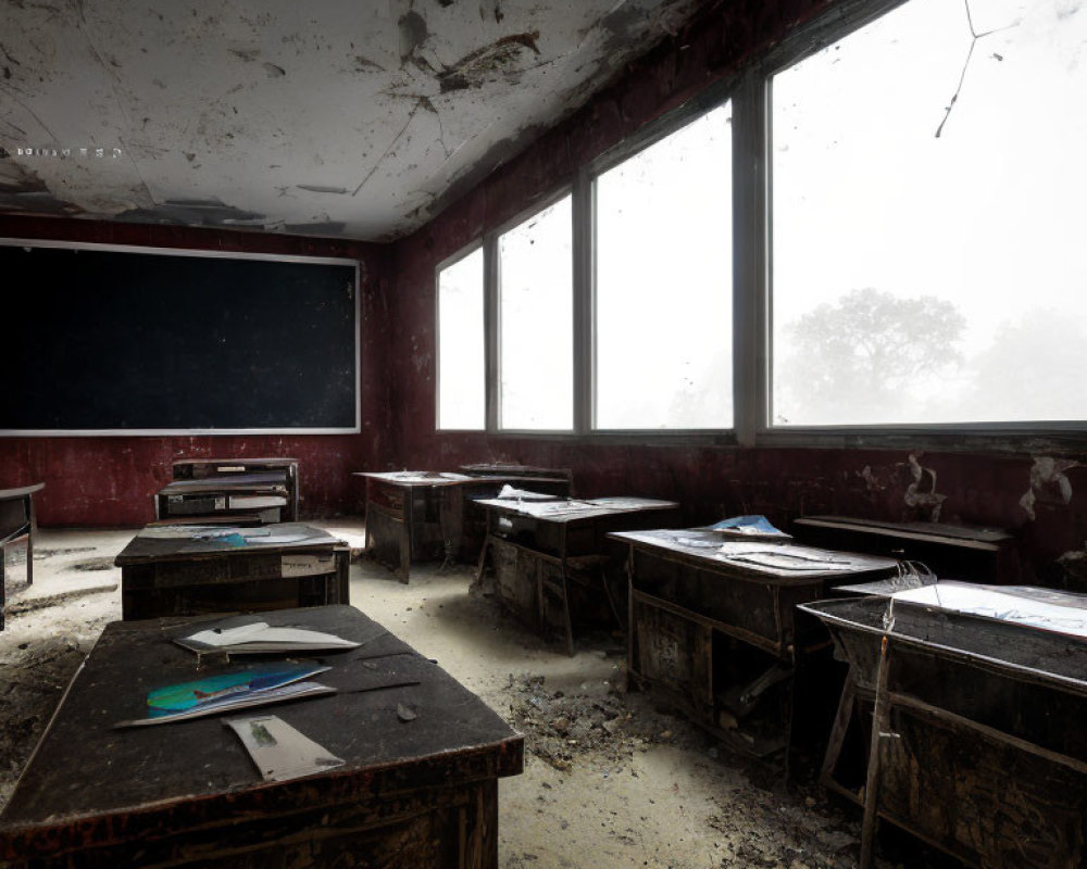 Deserted Classroom with Scattered Desks and Chalkboard