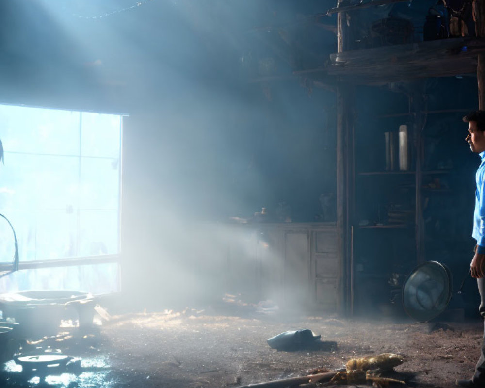 Man in dim, dusty room with light streaming through door
