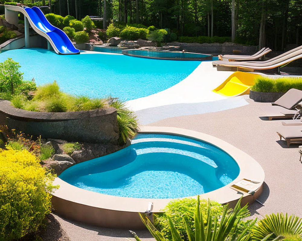Multi-Level Pool with Blue Slide in Sunny Backyard