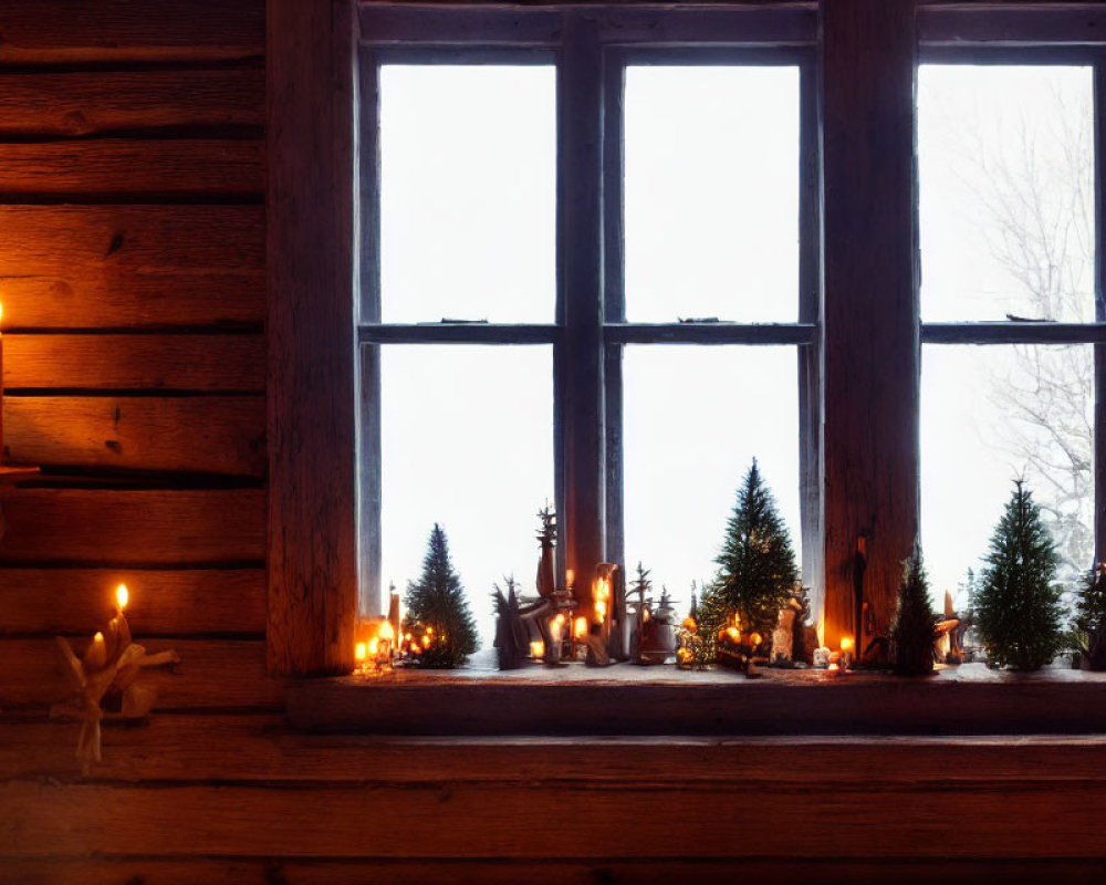 Winter-themed windowsill decor with candles and Christmas trees.
