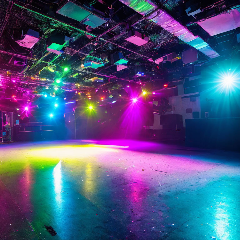 Vibrant colorful lights on empty nightclub dance floor