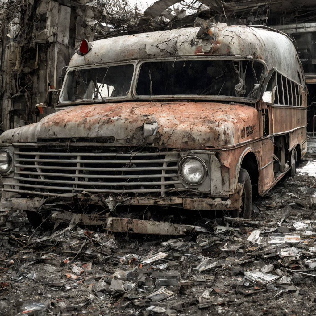 Rusty bus with shattered windows in debris.