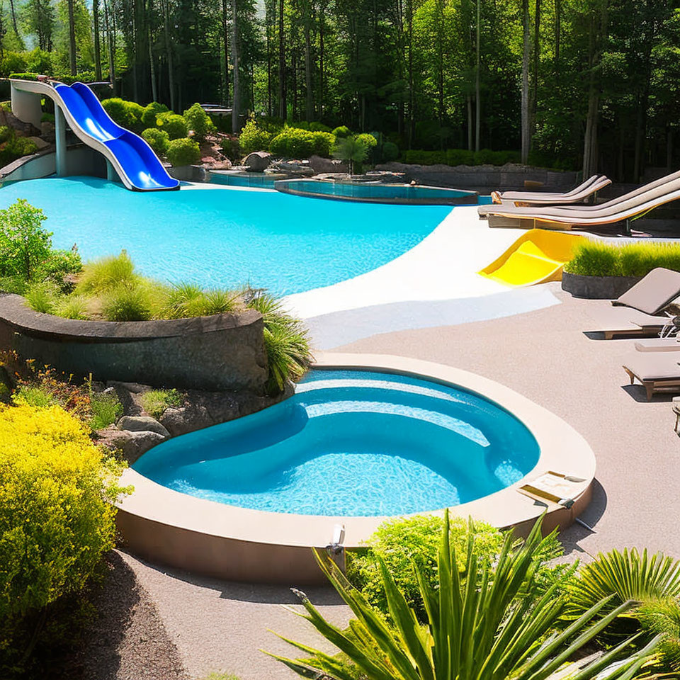 Multi-Level Pool with Blue Slide in Sunny Backyard