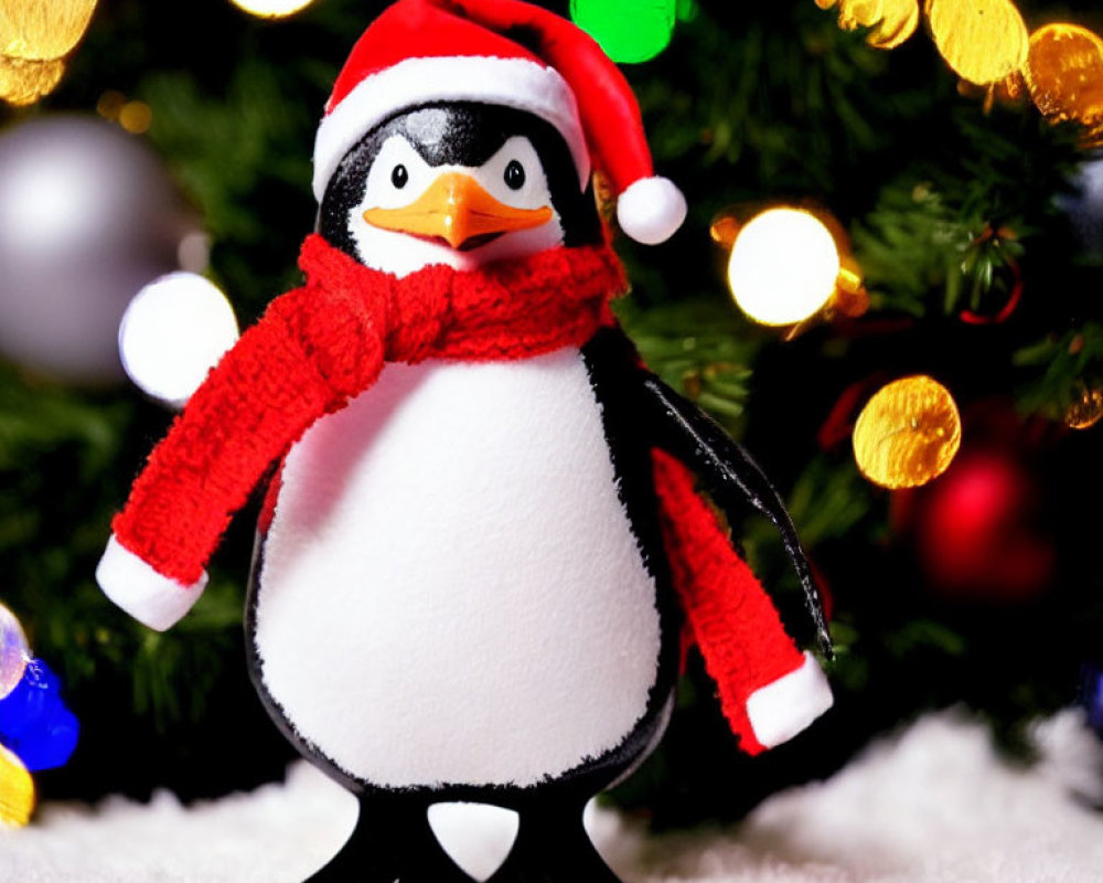 Plush Penguin Toy with Red Scarf and Santa Hat by Christmas Tree