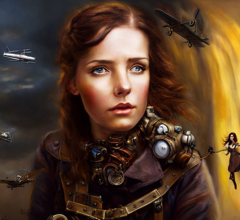 Surreal steampunk portrait with airplanes and glowing swirls