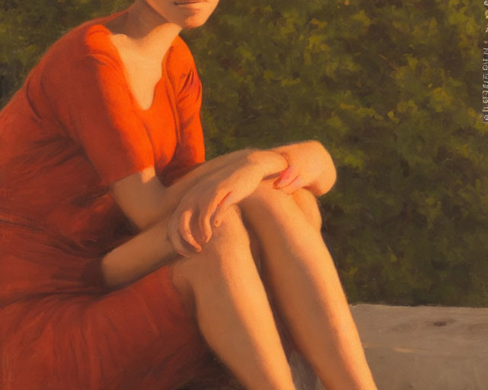Woman in Red Dress Sitting on Stone Steps in Warm Sunlight