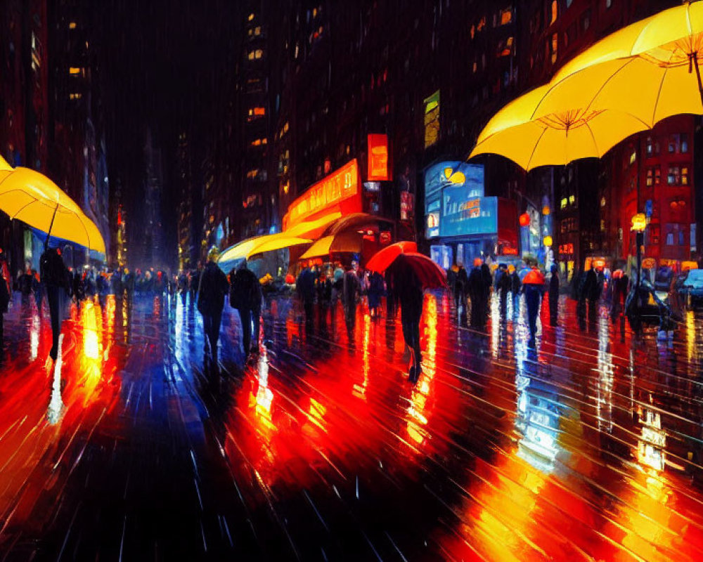 Rainy Night Street Scene with Yellow Umbrellas and City Lights