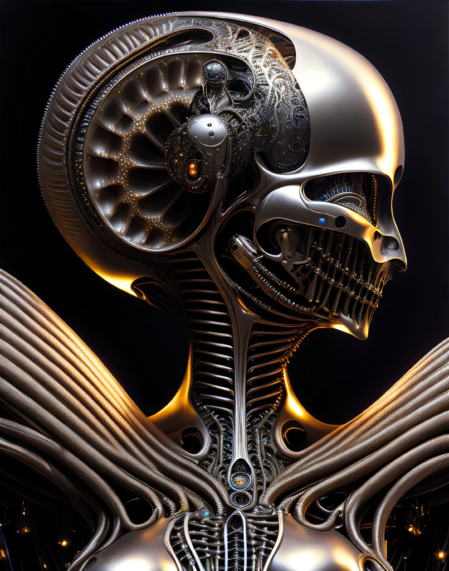 Detailed Biomechanical Skull Artwork with Metal Components
