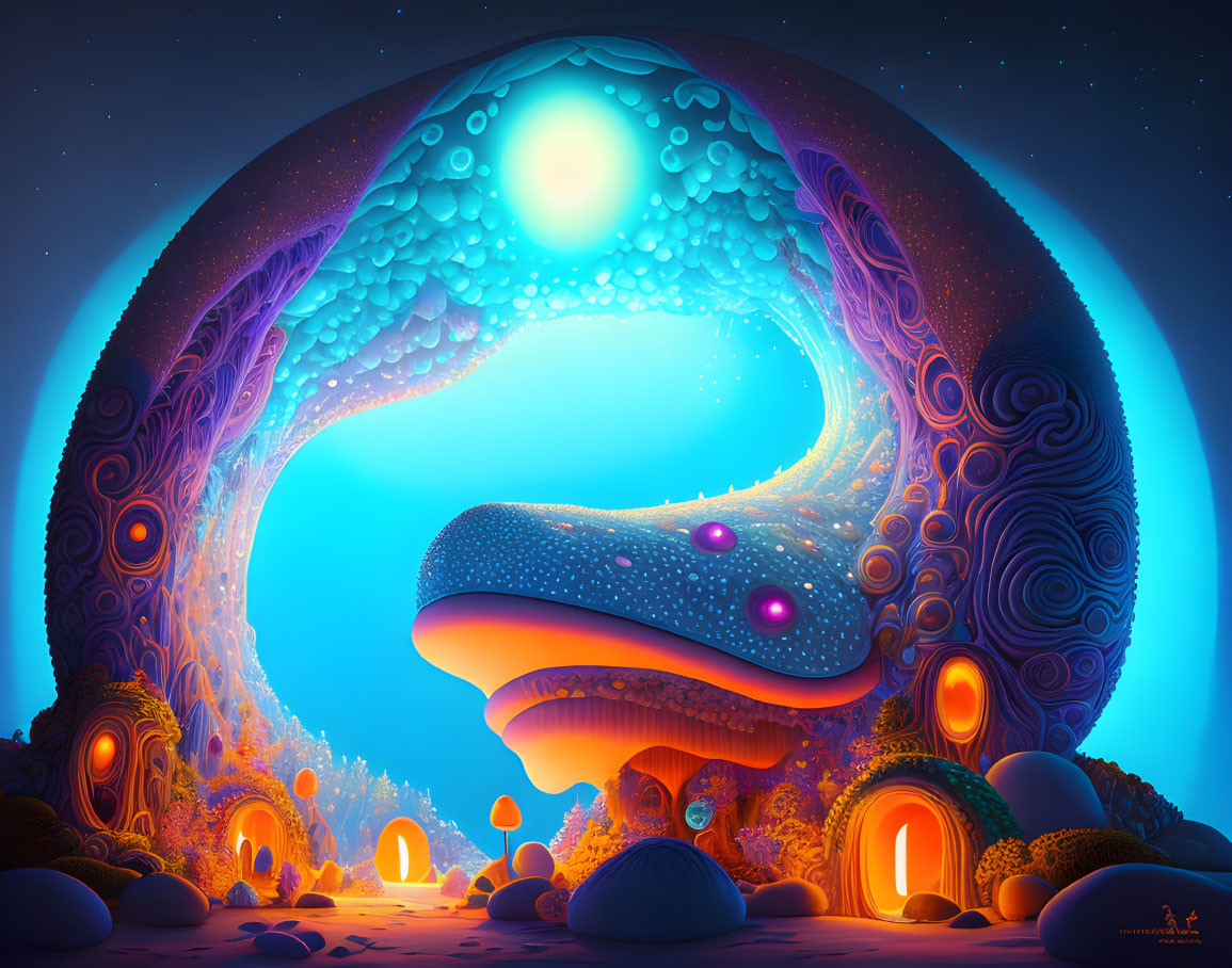 Whimsical night landscape with serpent creature and glowing mushroom houses