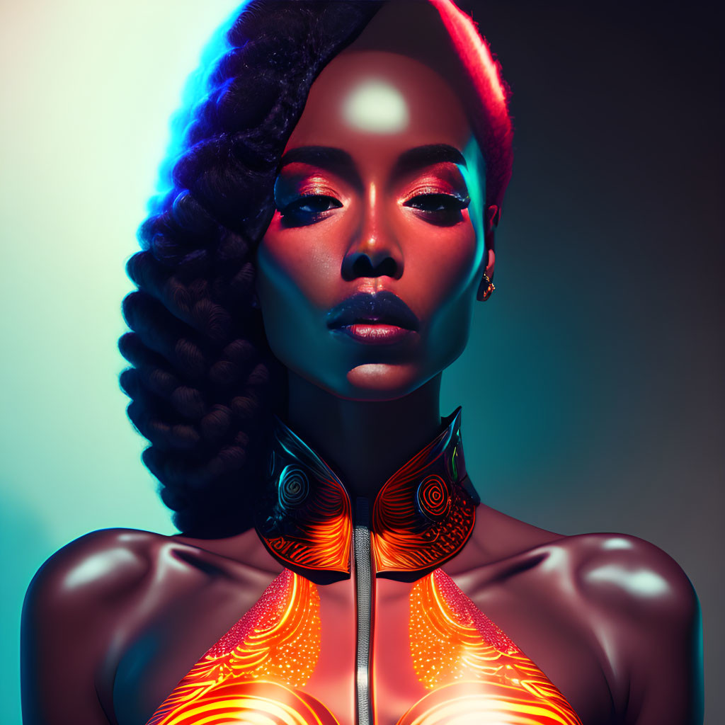 Digital Artwork: Woman with Glowing Red and Orange Patterns under Blue and Red Lighting