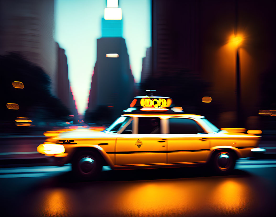 Blurred yellow taxi cab in city street at twilight