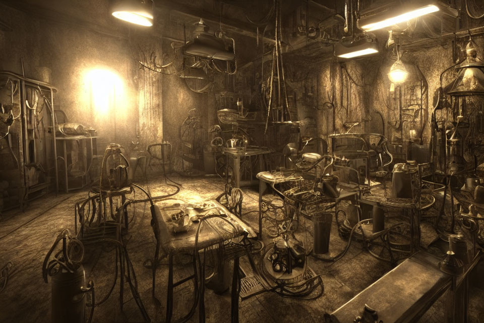 Vintage workshop with tools and mechanical devices on workbenches