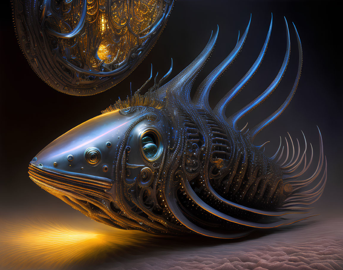 Intricate glowing mechanical fish on textured dark background