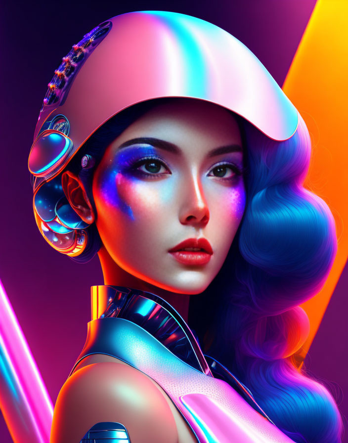 Futuristic woman with shiny helmet and metallic clothing in vibrant setting