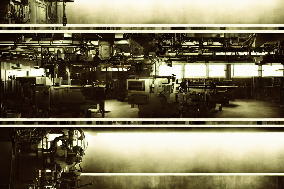 Sepia-toned vintage industrial facility with machines and pipes
