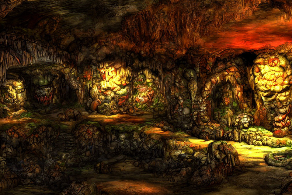 Detailed Fantasy Cave with Rich, Warm Colors and Organic Structures