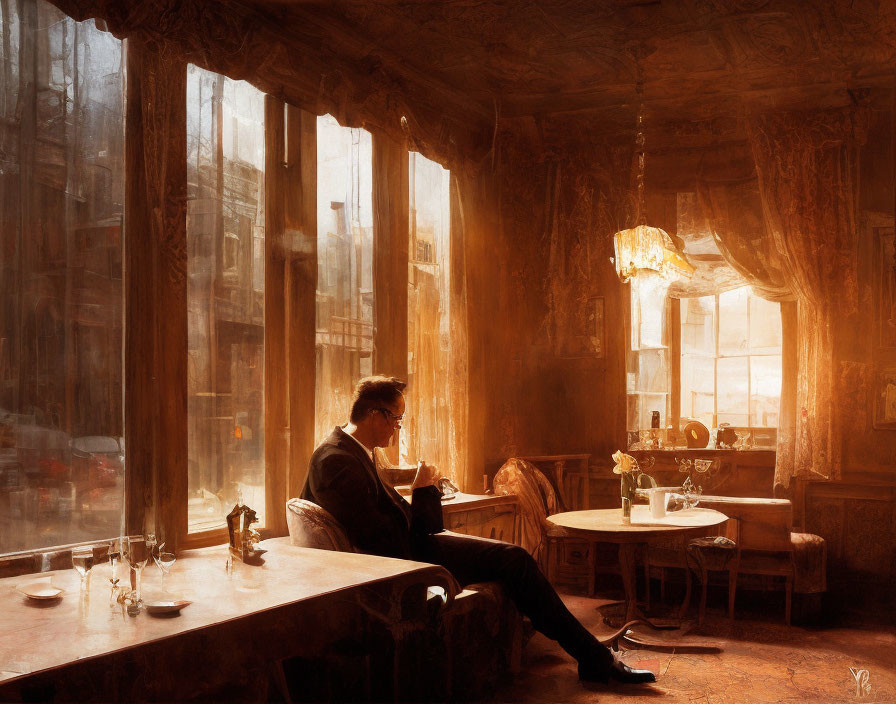 Man reading book in vintage room with city view.