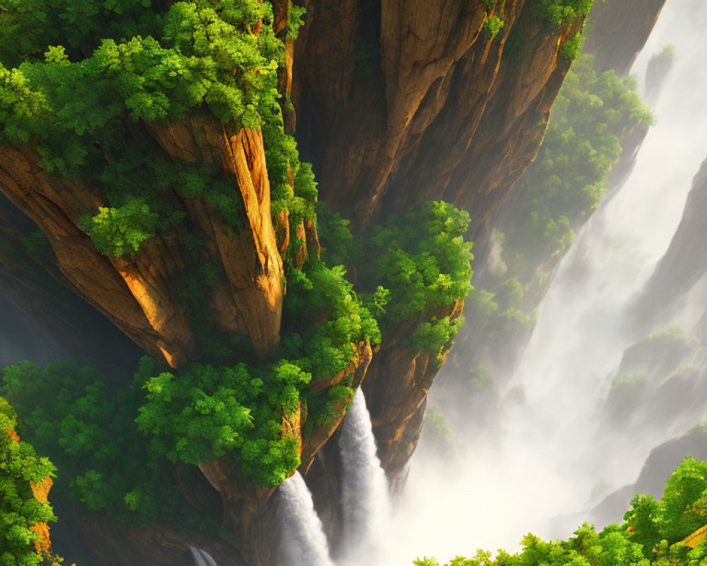 Lush trees on cliff with cascading waterfall in misty chasm