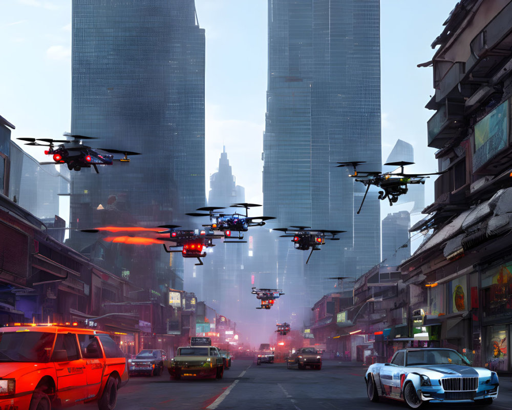 Futuristic cityscape with drones, neon signs, diverse architecture.