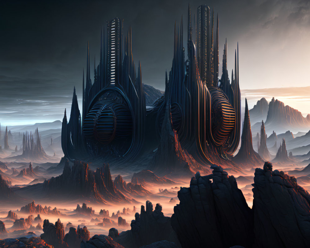 Futuristic alien cityscape with towering spire-like structures in rocky terrain