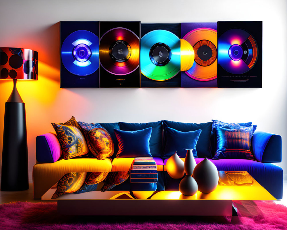 Colorful Sofa, Decorative Pillows, Modern Lamp, Vinyl Record Art in Vibrant Living Room
