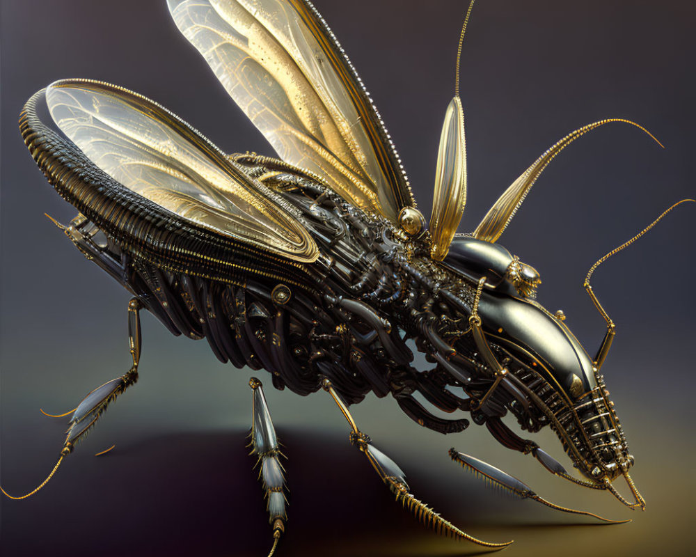 Detailed Digital Artwork: Mechanical Insect with Golden and Silver Metallic Parts