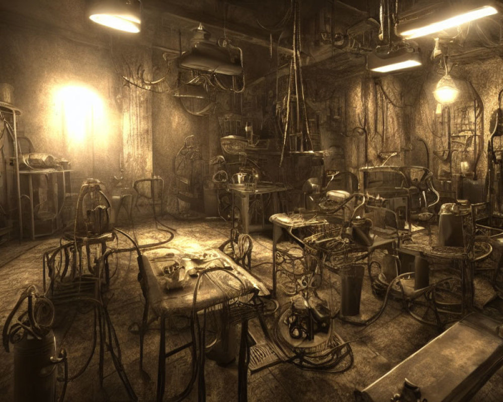 Vintage workshop with tools and mechanical devices on workbenches