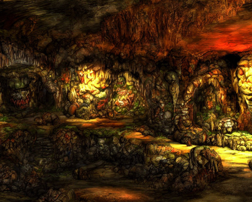 Detailed Fantasy Cave with Rich, Warm Colors and Organic Structures
