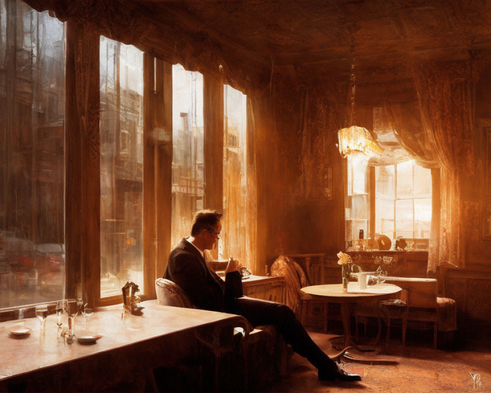 Man reading book in vintage room with city view.