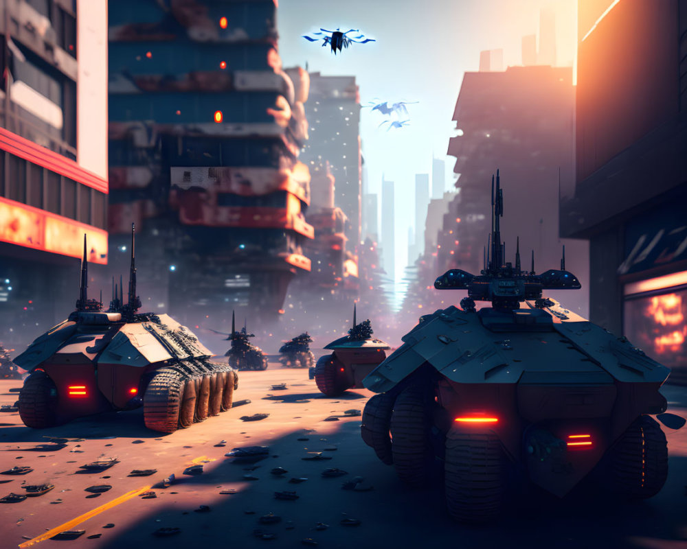 Armored vehicles and drones in deserted urban street at sunset